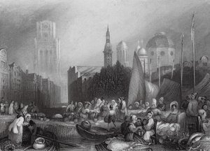 Fiskmarknad, Rotterdam (gravyr) av Joseph Mallord William (after) Turner