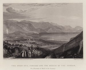 Döda havet, Jeriko och Jordans mynning, Moabs berg i fjärran (färg litho)