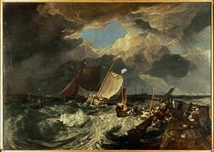 Calais pir med franska fiskare som förbereder sig för att gå till sjöss: Ett engelskt paket anländer ... (målning på duk) av Joseph Mallord William Turner