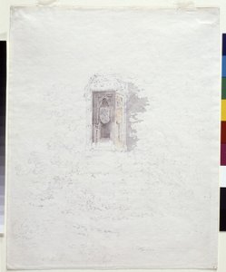 Cross At The Entrance To Hereford (penna med gula och gråa tvättar på vitt papper) av Joseph Mallord William Turner