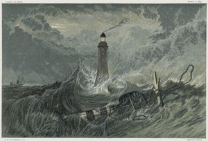 Eddystone-fyren, byggd på Eddystone Rock av den engelske civilingenjören John Smeaton 1757-1759. Kromolitografi efter målning av JMW Turner av Joseph Mallord William Turner