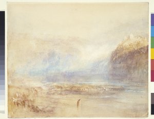 Falls Of The Rhine at Schaffhausen - Distant View (akvarell, penna och rött bläck över grå tvätt på vitt papper) av Joseph Mallord William Turner