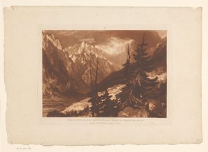 Utsikt över Chamonixdalen med floden Arveyron Källan till Arveron i Chamouni Savoy-dalen (titel på objektet) Landskapsstudier (serietitel) Liber Studiorum (serietitel) av Joseph Mallord William Turner