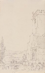 Södra portiken och tornet i en oidentifierad kyrka, ca 1790-95 (blyertspenna på papper) av Joseph Mallord William Turner