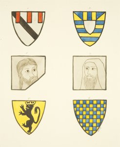 Fyra vapensköldar och två huvuden i målade glasfönster norr och söder om koret i Bristol Cathedral (akvarell på papper) av Joseph Manning