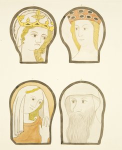 Fyra huvuden i målade glasfönster söder om koret i Bristol Cathedral (akvarell på papper) av Joseph Manning