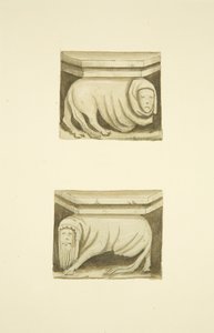 Fyra takstolar i norra verandan (ursprungligen stödjande statyer) av St Mary Redcliffe (akvarell på papper) av Joseph Manning