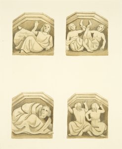 Fyra takstolar i norra verandan (ursprungligen stödjande statyer) av St Mary Redcliffe (akvarell på papper)