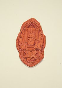 Framsidan av Matthew Parkers sigill, ärkebiskop av Canterbury, till Will of Thomas Alyce, Merchant av Joseph Manning