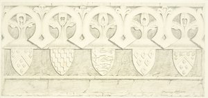 Gotisk fris och vapensköldar i salongen i Bristol Cathedral (penna och akvarell på papper)