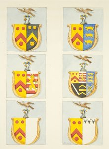 Sex vapensköldar i målat glasfönster i norra och södra gångarna (östra änden) av Bristol Cathedral (akvarell på papper) av Joseph Manning