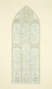 Målat glasfönster i östra änden av norra gången i Bristol Cathedral (penna och akvarell på papper) av Joseph Manning