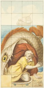 Målat glasfönster i östra änden av norra gången i Bristol Cathedral som visar Jonah and the Whale (akvarell på papper) av Joseph Manning