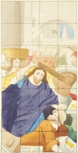 Målat glasfönster i östra änden av den södra gången i Bristol Cathedral som visar köpare och säljare i templet (akvarell på papper) av Joseph Manning