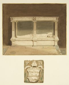Biskop Paul Bushs grav och vapensköld i Bristol Cathedral (akvarell på papper) av Joseph Manning