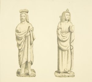 Två figurer i nischer av Tower of St Mary Redcliffe (akvarell på papper) av Joseph Manning