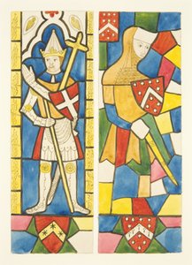 Två figurer i målade glasfönster av kor i Bristol Cathedral (akvarell på papper) av Joseph Manning