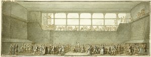 The Tennis Court Oath, c.1789 (svart krita, penna och brunt bläck med grå tvätt) av Joseph Marie Flouest