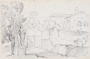 Hörn av en italiensk trädgård med en kyrka bortom av Joseph Marie Vien