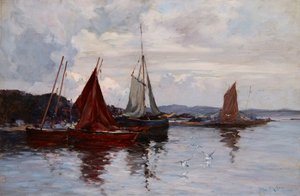Fiskebåtar i hamnen (olja på duk)
