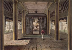 En soldat som står i ett Rangoon-tempel, graverad av George Hunt, 1825 (färgad akvatint)