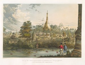 Utsikt över den stora Dagon-pagoden i Rangoon från väster, graverad av Henry Pyall (1795-1833) 1825-26
