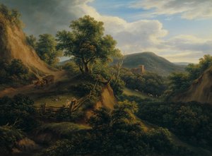 Skogbevuxet bergslandskap med ruiner av Joseph Mössmer