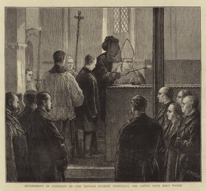Napoleon III:s begravning, kejsarinnan Eugenie bestänker kistan med heligt vatten.