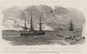 HMS Sultan, eskorterad av Temeraire, lämnar Malta till Portsmouth av Joseph Nash
