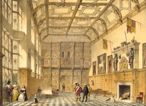 Great Hall, Hatfield, Berkshire, 1600, illustration från "Architecture of the Middle Ages", 1838. av Joseph Nash