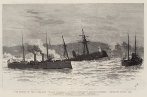 Sänkningen av rebellfartyget Blanco Encalada av regeringens torpedfartyg Almirante Lynch och Almirante Condell i Calderas hamn. av Joseph Nash