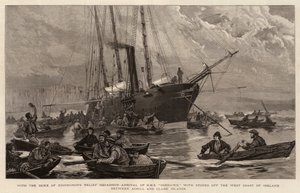 Med hertigen av Edinburghs hjälpskvadron, ankomst av HMS Goshawk med butiker utanför Irlands västkust mellan Achill och Clare Islands av Joseph Nash