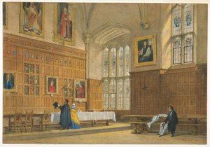 Ritning, Vy över matsalen i Magdalen College, Oxford, 1856 av Joseph Nash The Elder