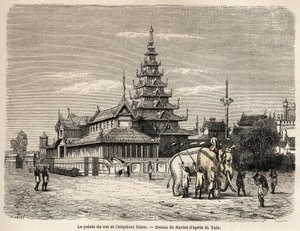 Palatset av kungen av Ava, i Amarapoura (nuvarande Burma), teckning av Navlet för att illustrera resan till kungariket Ava, 1855, av kapten Henri Yule av den bengaliska andens kropp. Gravyr i "" Le tour du monde, nouveau journal des voya