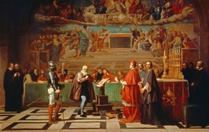 Galileo Galilei (1564-1642) före medlemmar av det heliga kontoret i Vatikanen 1633, 1847