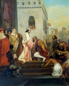 Mottagande av Christopher Columbus (1451-1506) av Spaniens kungar Ferdinand II av Aragonien och Isabella 1:a av Kastilien (kallad katolik) i Barcelona 1493. Upptäckaren återvänder med fångna indianer. Detalj. Målning av Joseph Nicolas Robert Fleury (1