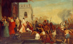Mottagande av Christopher Columbus (1451-1506) av Spaniens kungar Ferdinand II av Aragonien och Isabella 1:a av Kastilien (kallad katolik) i Barcelona 1493. Upptäckaren återvänder med fångna indianer. Målning av Joseph Nicolas Robert Fleury (1797-1890