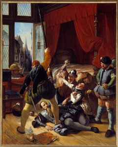 Religionskrig: "" Scene de la Saint Barthelemy, mordet på Briou, guvernör för prinsen av Conti, 1572-08-24"" Målning av Joseph Nicolas Robert Fleury (1797-1890) 1833 Sön. 1,64x1,3 m