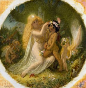 "Titania, prinsessa av älvornas gudar, och den unge indianen som hon har gjort till sin page" Illustration till "En midsommarnattsdröm" av William Shakespeare. Målning av Joseph Noel Paton (1821-1901) Privat samling