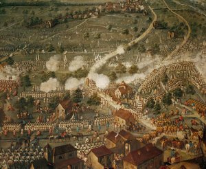 Spanska tronföljdskriget: Kejserliga trupper under befäl av prins Eugen av Savojen utmanövrerar franska trupper i slaget vid Malplaquet ... av Joseph Parrocel