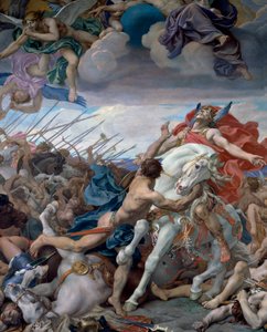 Clovis önskan till slaget vid Tolbiac. År 496 lovade Clovis I, frankernas kung, att konvertera till kristendomen om han vann slaget vid Tolbiac (Zulpich) nära Köln mot Alamanerna. Målning av Joseph Blanc (1846 - 1904)