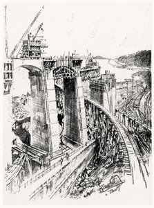 Approaches to the Gatun Lock, skylt VI från Panamakanalen av Joseph Pennell, 1912 (kol på papper) av Joseph Pennell