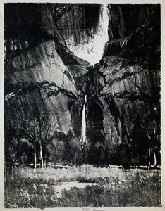 Vid foten av vattenfallet, av Joseph Pennell (1857-1926), gravyr av Joseph Pennell