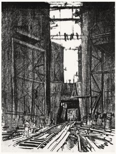 På botten av Gatun-slusset, plåt IV från Panamakanalen av Joseph Pennell, 1912 (kol på papper) av Joseph Pennell