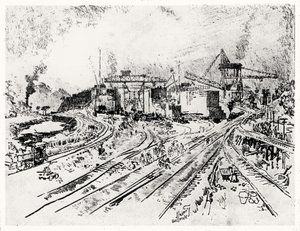 Building Miraflores Lock, skylt XXI från Panamakanalen av Joseph Pennell, 1912 (kol på papper) av Joseph Pennell
