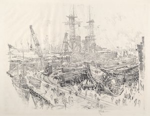 Bygga ubåtsjagare, 1917. av Joseph Pennell