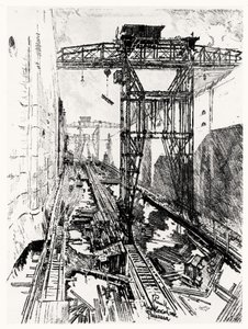 Cranes at the Miraflores Lock, skylt XXII från Panamakanalen av Joseph Pennell, 1912 (kol på papper)