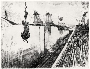 Dinner Time at Gatun, tallrik III från Panamakanalen av Joseph Pennell, 1912 (kol på papper) av Joseph Pennell