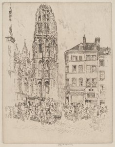 Blomstermarknad och smörtorn, Rouen av Joseph Pennell