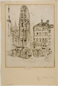 Blomstermarknad och smörtorn, Rouen av Joseph Pennell